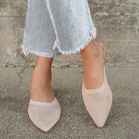 Lulus Shoes - Lulu’s Jeaney Light Nude Ribbed Knit Pointed-Toe Mule Slides